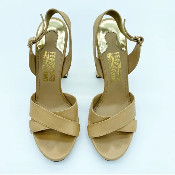 Salvatore Ferragamo Gold Block Heel Leather Sandals - Picture 4 of 11